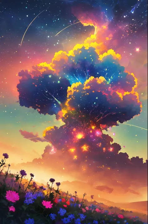 Celestial Meadow Fantasy Wallpaper in 4K quality, ethereal watercolor style, featuring a vast, open meadow under a sky painted with swirling nebulae and distant galaxies, delicate wildflowers glowing softly in the moonlight, and floating islands hovering a...