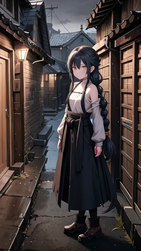  A girl with long hair, braided at the back of her head and tied at one end, stands on an old street lined by stone houses. She has orange eyes and wears gray . The night is dark around her. An anime-style drawing, in the style of fantasy art.  