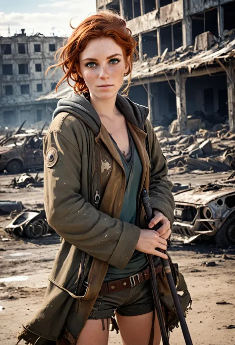 (Realistic:1.2), ultra detailed, modern analog style, photorealistic cute woman, chestnut hair, tattered outwear, post-apocalyptic, detailed face, beautiful eyes, (shy smile:0.7), freckles, holding a big staff, exhausted after another battle, dramatic, vib...