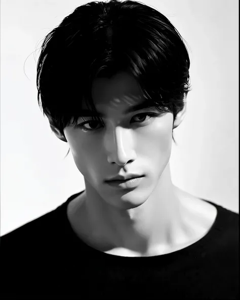 depicts a tall and muscular man, ullzang style with a beautiful model face and medium length black hair, je veux un style de photo dans le genre selfie 