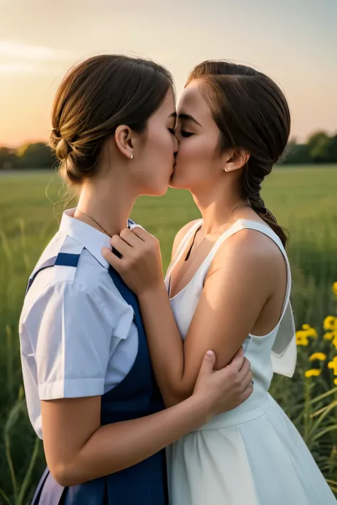 two women in school uniforms kissing each other in a field, lesbian kiss, portrait of two girls kissing, lesbians, lesbian embrace, kiss, lesbian, kissing, kissing each other, high school girls, college girls, lesbian art, high school, photo taken with nik...