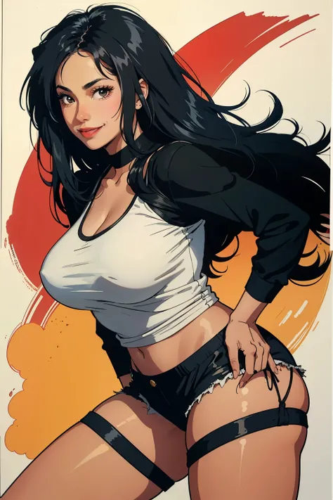 A mother hot latino girl, darker colered skin (spanish) colered skin, with big assets, wearing a black shirt and shorts, and long black hair, smiling