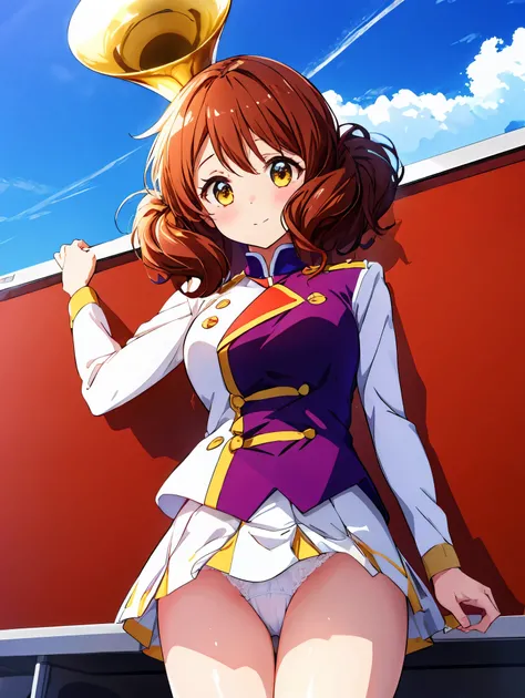 1 person,Cowboy Shot,Skirt flip,White lace panties,High quality anime、High resolution, Kumiko、Tabletop,band uniform,sunfes marching band uniform,[3D Images:1.5],[[Attractive eyes,Detailed eyes、Shining Eyes, Colorful eyes:1.15],whole、Looking at the audience...