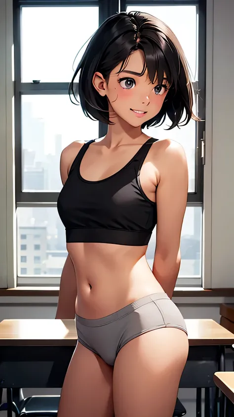 Highest quality、Realistic、、zoom、Middle school students、Girl、look up、cute、Light grey eyes、Black Hair、short hair、Tanned brown skin、Dark Skin、Sports Bra、Panties、Shy laugh、Flat Chest、Bust Shot、thin、classroom