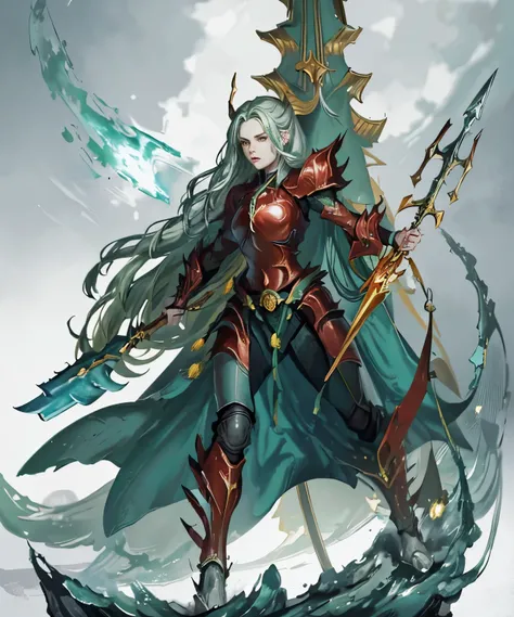 anime style, 37 year old woman, strong, long green hair, small bars on her head, wearing heavy armor, silver armor with small red details, silver armor, red cape, red eyes, greaves and plates covering her body, holding a spear protecting herself with a tow...