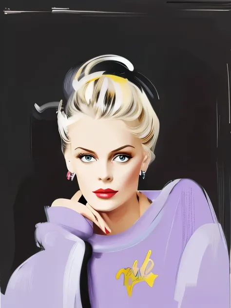 Blonde woman lilac sweatshirt oil painting fashion illustration David Downton style