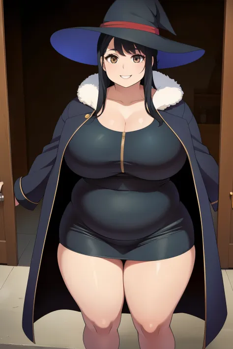 Plump year 21 big breasts black hair brown eyes chubby smile longer hair witch coat