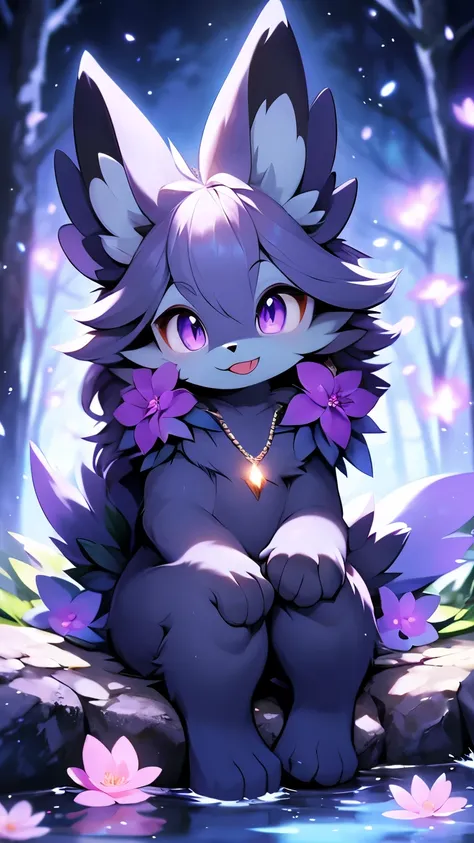 alone, looking at the viewer, clear little purple eyes, black body, purple furry neck, sitting, tongue out, full body, flower, water, Necklaces,petals, Pokémon (creature), No human, umbreon, winter nature,