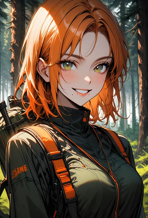 solo, female, close up, medium shot, forest, long orange hair, dark green eyes, mole under mouth, very large breasts, pine forest, outdoors gear, black jeans, feminine, tomboy, happy smile, day, adult