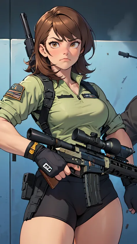 brown hair girl hazel eyes solo muscular girl toned body perky breasts empty eyes frown thick pale skin ((((shooting range weapon gun firearm tactical gear)))) ((((shooting range weapon gun firearm tactical gear))))