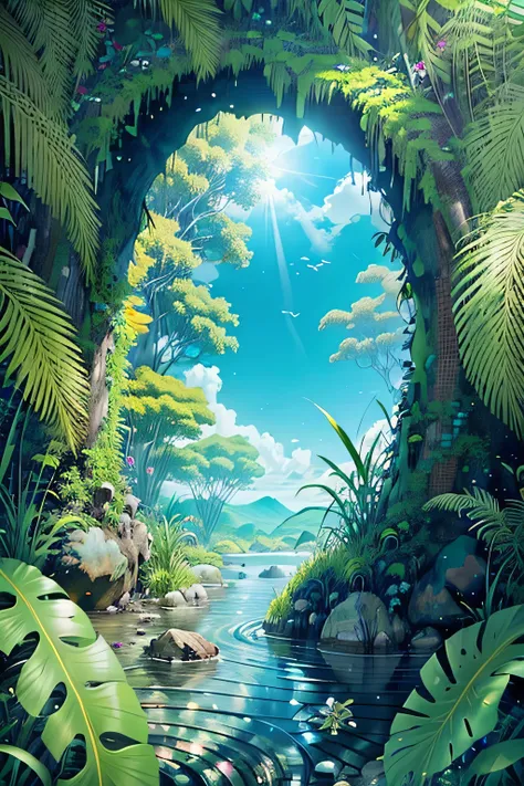 Ultra-realistic scenes, Parallel worlds, Otherworldly plants in the tropics are gods, cult, tropical flowers, Unusual art, unique art, Summer blue sky background, Sunlight, Bright sunlight, blender, Product rendering, HD8K.