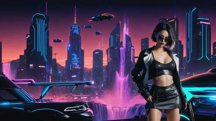 At night, simple outlined cyberpunk city, flying cars, neon waterfall, line art background. (1girl, solo), photo realistic, medium-breast:1.3 slim body, cleavage, sling top, miniskirt, black sunglasses, holding a short gun, half-body thigh level medium sho...