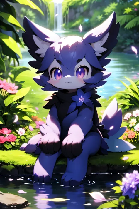 solo,Black body, looking at viewer, smile, sitting,Purple stripes, closed mouth, full body, flower, water, petals, pokemon (creature), no humans, umbreon