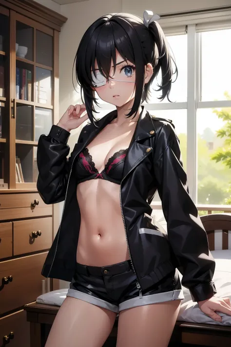 Rikka takanashi   ,1girl , anime , Black hair, eyepatch, jaqueta aberta open clothes , , disappointed face , solo ,  jacket, open clothes, bra , flat chest ,shorts ,fishnet thighhighs , looking at viewer , bedroom . 