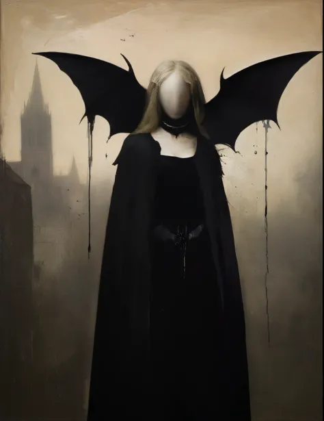 James Gurney, surrealism art , dream like, uncanny, provocative, Symbolic, Complex, detailded,, (Gothic but very beautiful:1.4), (work of art, highest quallity:1.4) , Style Nicola Samori, bat, feminine silhouette, with no face, bats e sombras