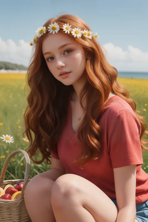 (girl:1.2),alone, (long ginger curly hair:1.1), brown eyes, Wearing a daisy wreath on your head, Sit in a daisy field, (fruit basket:1.1), blue shorts, red shirt,,raw,photographic,photo shadows,actual,Ridiculous,Aesthetic,elegant beach
