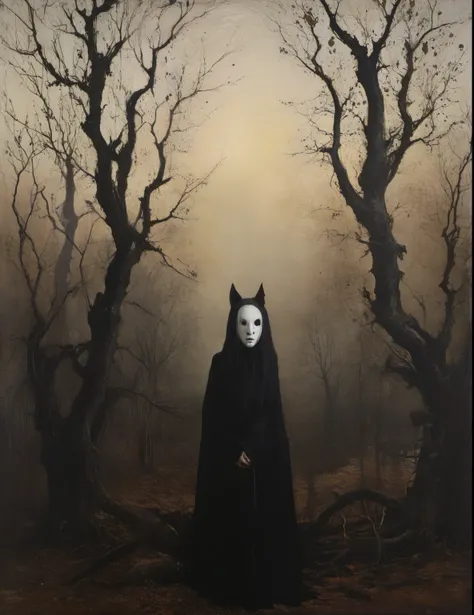 James Gurney, surrealism art , dream like, uncanny, provocative, Symbolic, Complex, detailded,, (Gothic but very beautiful:1.4), (work of art, highest quallity:1.4) , Style Nicola Samori, bat, feminine silhouette, with no face, Dry trees