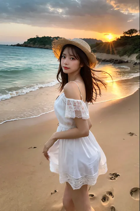 (masterpiece, best quality, ultra-detailed), realistic style, girl walking on a sandy beach at sunset, summer, wearing a white summer dress flowing in the wind, sandals, straw hat, hair and dress swaying in the breeze, sunset-lit ocean, cinematic lighting