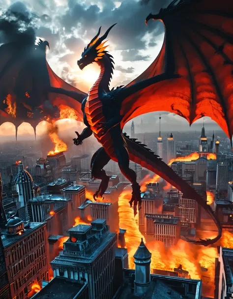 Dramatic fantasy scene featuring a large, menacing dragon with dark, scaly skin and massive, outstretched wings. The dragon is flying over a burning city, with flames and smoke rising from the buildings below. The background is dominated by a dark, cloudy ...