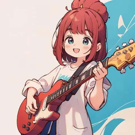 playing guitar, cute girl and bright smile, reddish hair