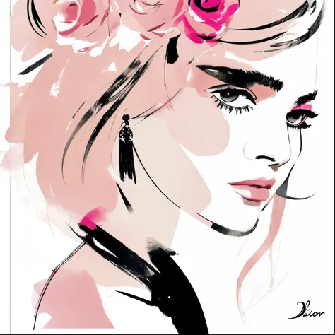 David Downton fashion illustration, blonde 1woman, thin hair bob,  pink sweatshirt, roses, romantic mood, calm, meditation, love, hm ad, dior