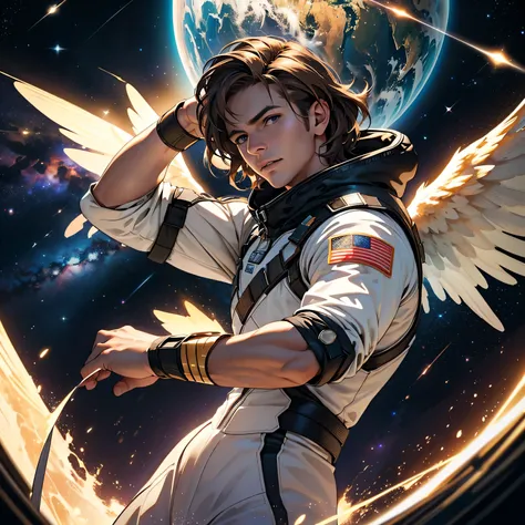 a muscular and handsome angel, brunette, with light brown hair, two galactic wings on his back, in space surrounded by stars, with a celestial planet in the background, (best quality,4k,8k,highres,masterpiece:1.2),ultra-detailed,(realistic,photorealistic,p...