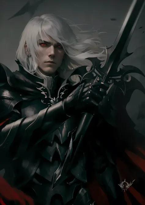 white haired man, wearing black armor, red eyes