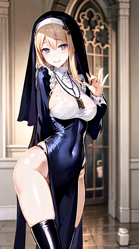 A beautiful woman dressed as a church sister, Strike a pose gracefully. She has a perfect face、, Expressive eyes, long flowing hair, And a kind smile. Her body is perfectly balanced, With a slim waist and beautiful curves. 彼女の教会のNunsたちの衣装は伝統的な要素で飾られている., I...