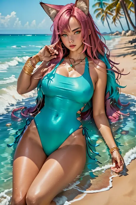 a girl, super long pink hair, fox ears, with a dark blue swimsuit, turquoise blue eyes, with a golden bracelet, a pink jewel necklace, em uma praia, high resolution, super detaill, 8k, Overview, lying on the sand