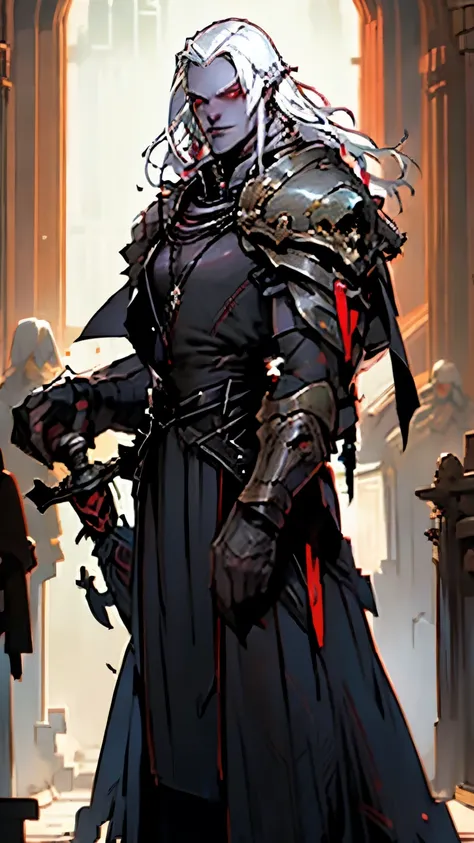 An old Male Drow Guard.
He has short, frizzy, white hair and crimson red eyes. Rugged, mature

He has silky black purple pale skin.

He stands 195 cm (65") tall and has a Muscular build.
He has an oblong, slightly sightly face.
He wears a fur collared cloa...