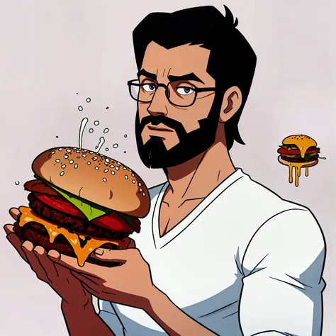 A thin white man with a small beard, alone, Bblack hair, wearing glasses, wearing a black v-neck shirt, holding a burger covered in semen, Holding the burger with both hands (KLEBERIANO  -  MACPORRA)