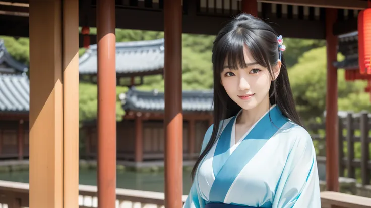 Light blue is the base, smile, 最high quality、high quality、Best image quality、8k、最High resolution、High resolution、temple, Realistic photos, Healthy body, Beautiful Eyes, Flowing black hair, Colorful kimono, Calm expression, Soft lighting, Traditional Japane...