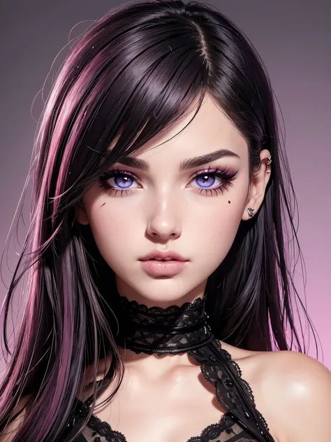 face close up, glamour photography of a random stylish goth girl, edgy vibe, dark, mascara, eyeliner, dark cheeks, Heterochromia (different-colored eyes), Pouty lips, Doe-eyed look, Small nose, Pouty lips, detailed skin, skin blemish,pink shiny lipgloss