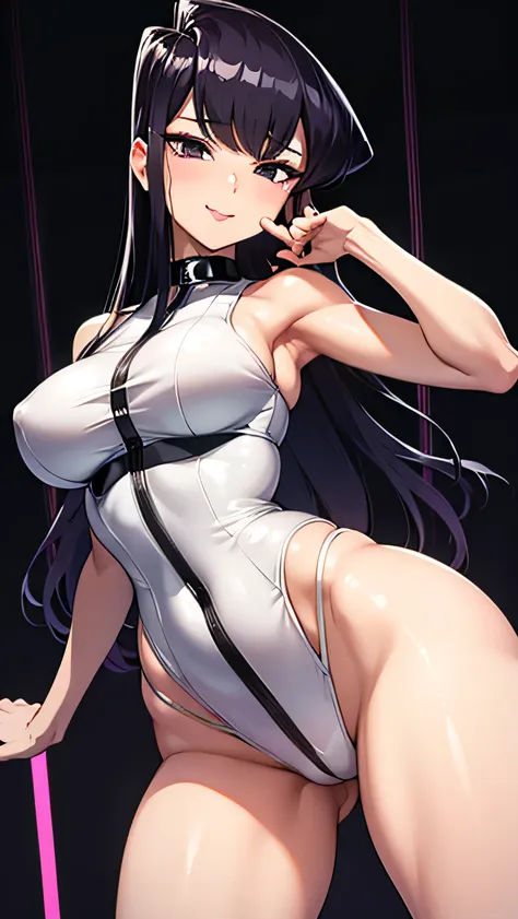 komi shouko, looking at the camera, smiling, sexy, big breasts, big thighs, latex outfit, tied up hair, cyberpunk background, night, better quality,finger on sexy tongue,