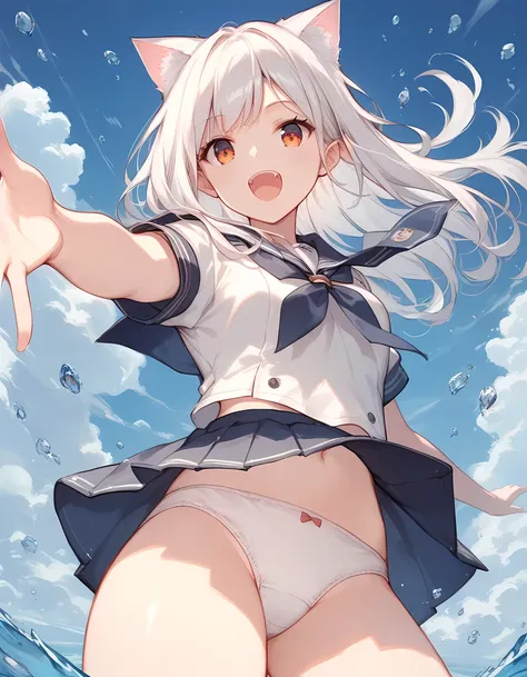 score_9, score_8_superior, score_7_superior, score_6_superior, sauce_anime, evaluation_Safety, masterpiece, Highest quality, White haired cat ear girl, Straight, Viewer Perspective, Reaching out, Adorable, Sailor suit, white panties, cowboy shot