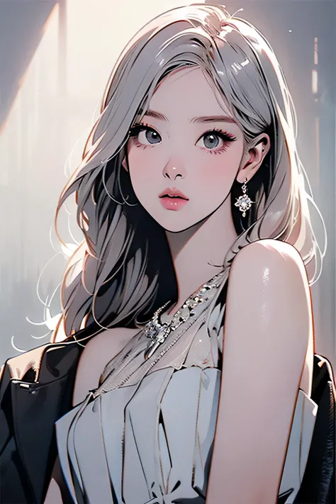 Rosè blackpink, a beautiful young woman with silver hair, grey eyes, wearing a white dress, silver earrings, 1girl, beautiful detailed eyes, beautiful detailed lips, extremely detailed eyes and face, long eyelashes, high fashion, elegant, cinematic lightin...