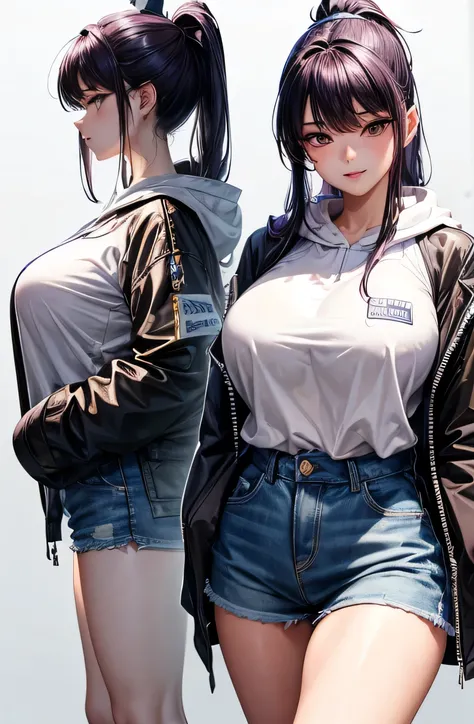 ((best quality)), ((masterpiece)), (detailed), perfect face,(18 years old),(beautiful girl), (Komi Shouko), ponytail,(Dark Purple hair), cute smile (looking at vivers) on a streat road,( full body view),(detailed lips), perfect head ,(detailed face), wers ...