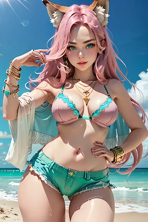 a girl, super long pink hair, Inner Colored blue, fox ears, micro Shorts, blue and green bra, camel toe, turquoise blue eyes, with a golden bracelet, a pink jewel necklace, em uma praia, high resolution, super detaill, 8k, Overview