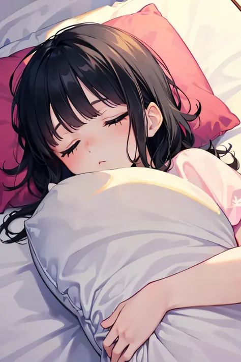 beautiful cute girl,((black hair:1.2)),(Medium wave hair:1.1),(sleeping with eyes closed:1.25),(Room wear:1.2),(lying on the bed:1.2),(hugging a pillow:1.25)