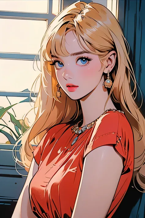 Lalisa manoban, a beautiful young woman with blonde hair with bangs, blue eyes, wearing a yellow dress, heart  earrings, red hair bow, 1girl, beautiful detailed eyes, beautiful detailed lips, extremely detailed eyes and face, long eyelashes, high fashion, ...