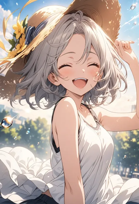 masterpiece, Highest quality, Highly detailed CG Unity 8K wallpapers, High School Girl Anime Illustration. Wear a tank top, Wearing a big straw hat. Her hair is swaying, Her big eyes, Double teeth, she has her eyes closed and mouth open, And shes smiling. ...