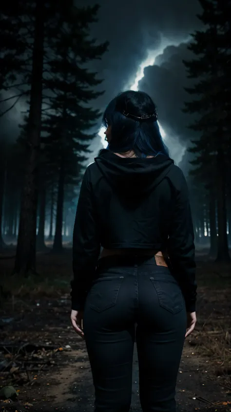 (dark fantasy book cover) (masterpiece), a cover dark fantasy book artwork of a silhouette of a young girl with a regular body ( hot chubby but not so fat ) showing her body on the shadows of a stormy cloudy night sky and a dark forest background, she´s tu...