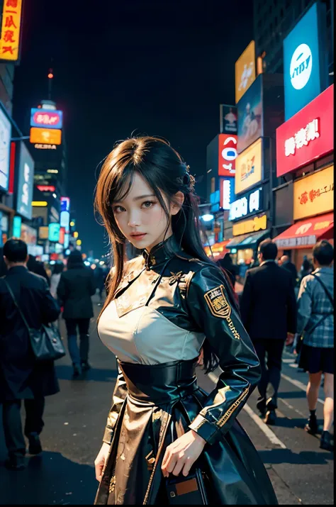 some take selfies at the food festival, street, cyber punk, city night, absurd, high resolution, (非常にdetailed background, detail...