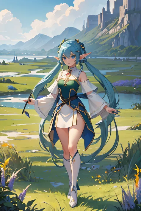 fine detail:2.0, high resorution:2.0, masterpiece:2.0,

(one female elf:1.5), blue eyes,
(hold long wand:1.2),
earrings,
(twin tail:1.5),
adventurers white clothes,

stand up,

(grassland:1.8),
lake,
sky,