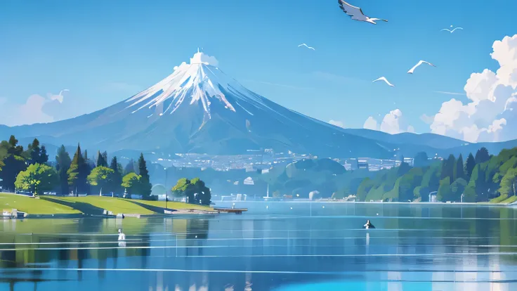 japan,nature,blue sky,lake,swimming birds,