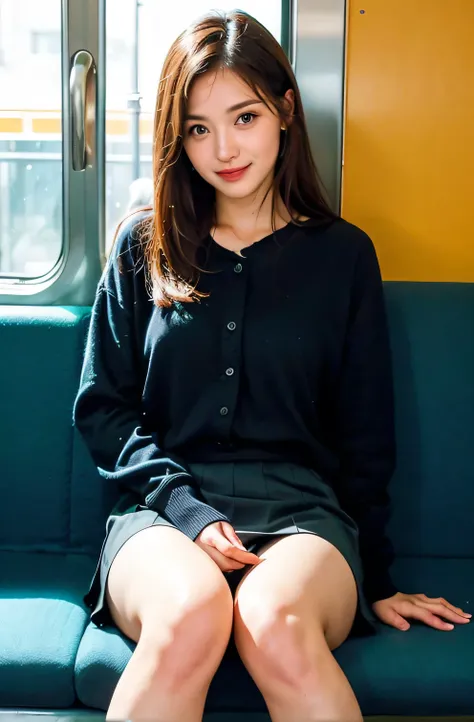 (masterpiece, Highest quality, 8k, RAW Photos, beautifully、aesthetic:1.2),  Intricate details, indirect lighting, Realistic,
whole body, Sitting on a chair on the train、Staring at the viewers、Voyeur, (Ultra-realistic pantyhose)、
 Training women , Chair to ...