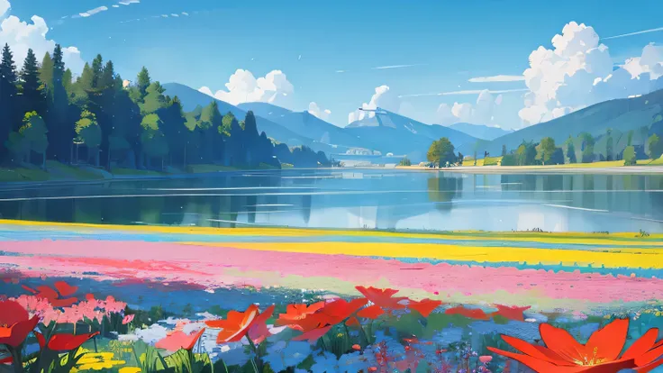 apan,nature,blue sky,lake,flower field