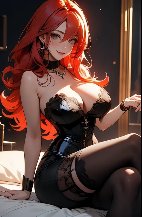 Anime, a glamour shot of a smiling Rias Gremory (Red hair), enormous breasts, big ass, Sitting demurely with her legs crossed on her bed, leaning toward the viewer, with Smokey eyes and knowing smile wearing a strapless sheer lace corset, white lace stocki...