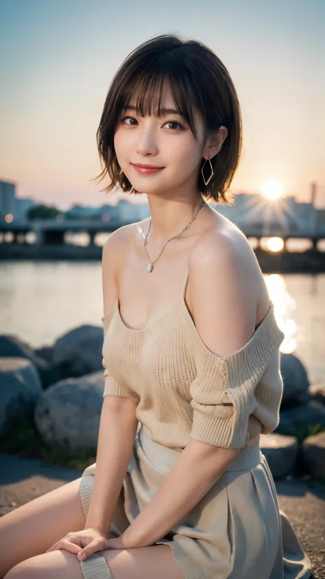 (highest quality,masterpiece:1.3,ultra high resolution),(Super detailed,caustics,8K),(realistic:1.4,RAW shooting),18-year-old,cute,Japanese,Short brown hair with outward curls,(Beige summer knitwear),(smile),look up at the camera、(Short brown skirt),blue s...