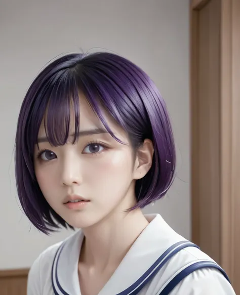 8k,Highest,quality,(highest quality:1.1), (masterpiece:1.4), (Confused:1.0), 1 person, ,hair ornaments, Bobcut, short hair, Purple Hair, Red eyes, Center of chest,((Sailor suit)), His Room, (blush:1.2), Embarrassed face,((look up))（Perfect Fingers）,Squat,S...